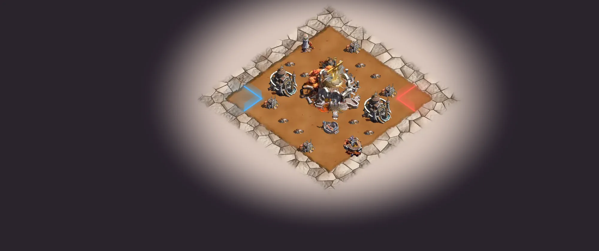 The Swordland battlefield as the game's Battle Map shows it: the Swordshrine in the middle, a Sanctum on each side, the Abbeys, the Belltower, the Royal Stables and the Safe Zones