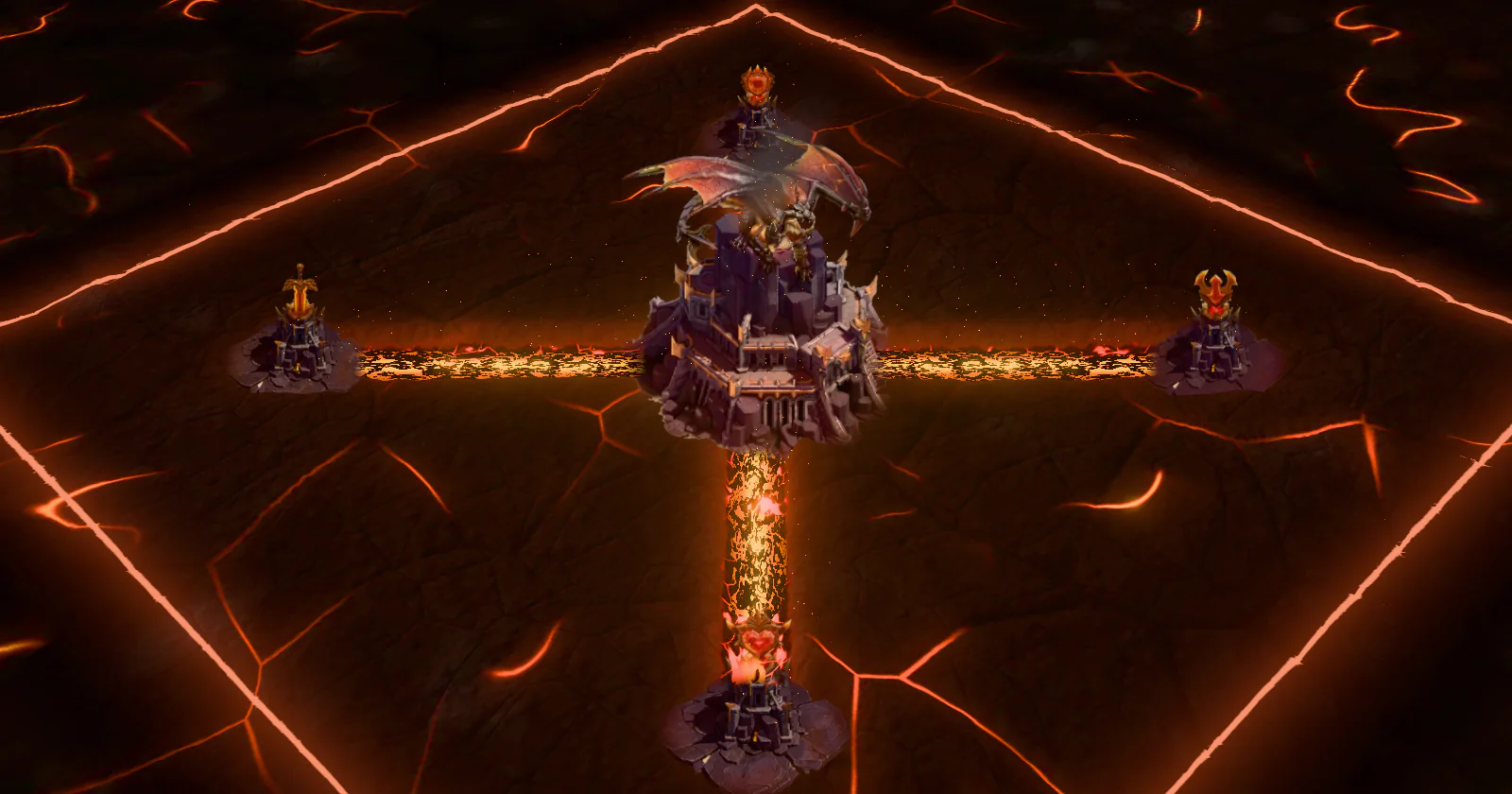 The Flamedragon battlefield: the Palace with its dragon, an Aerie at the end of each lava pit, and a block of Towns