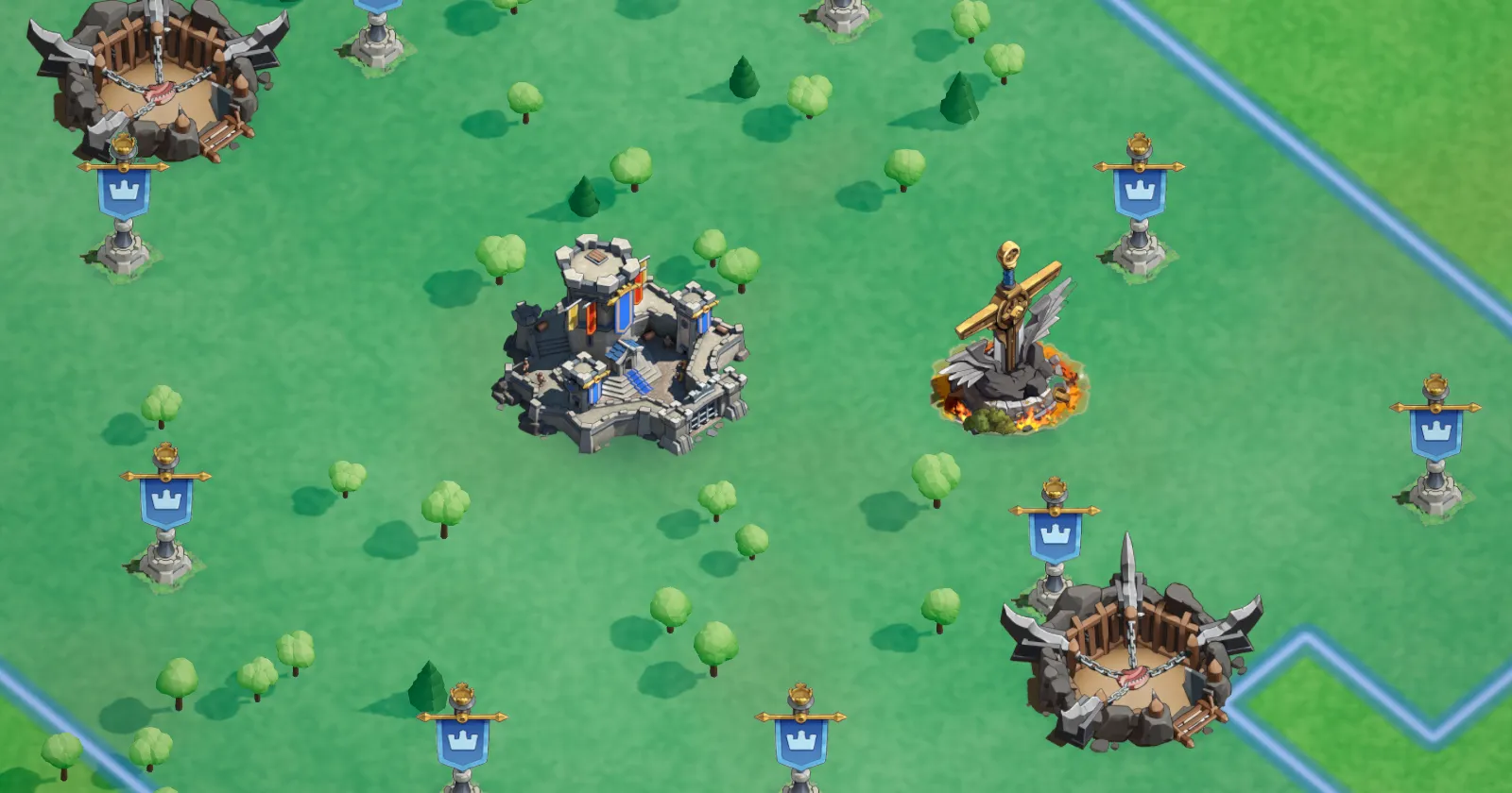 An alliance map: the HQ, two Bear Traps, banners and a gold statue, as the game draws them