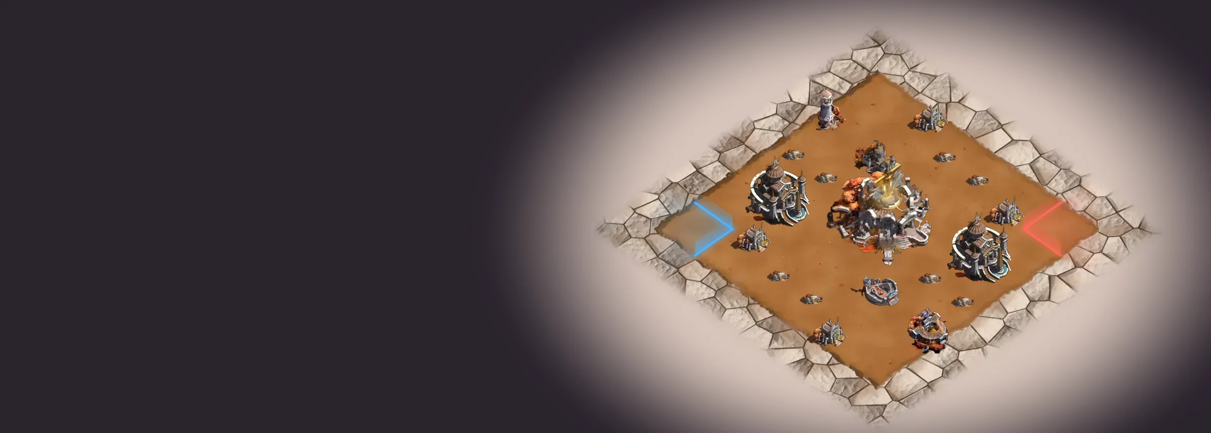 The whole Swordland battlefield as the game's Battle Map shows it: the Swordshrine in the middle, a Sanctum on each side, four Abbeys, the Belltower, the Royal Stables, the Mercenary Camp, the Hall of Reformation and a Safe Zone at the left and right corners